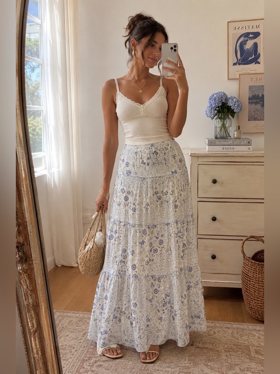 KIRIOUS LOS ANGELES Dresses & Skirts - Kirious Cottagecore Blue Floral Tiered Maxi Skirt Boho Prairie Coquette Size S